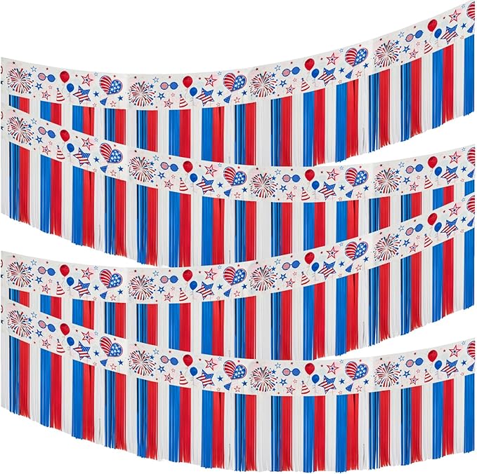 4th of July Decoration 4 Packs 10 Feet Long Foil Fringe Star Garland Memorial Day USA Red White Blue Independence Day Tinsel Metallic Streamers Patriotic Banner Car Parade Floats Garden Trailer