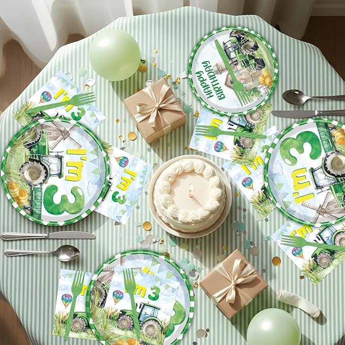 Rakuto Tractor Birthday Party Decorations, 96PCS Tractor 3rd Birthday Disposable Paper Plates and Napkins Decorations, Farmer Themed 3 Years Old Tractor Decor Supplies Serve 24