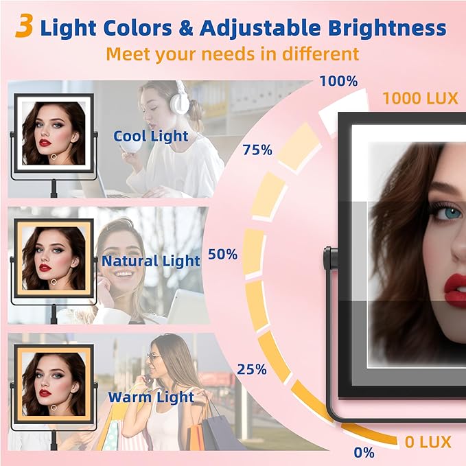 Ruacq Vanity Mirror with Lights, Height & Brightness Adjustable, Rechargeable 4000mAh Lighted Makeup Mirror with Magnification 1X/10X, 3 Color Lights & 360° Rotation (Matte Black-Table)