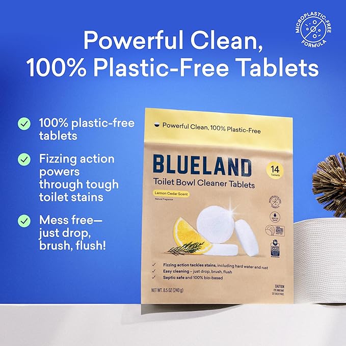 BLUELAND Toilet Bowl Cleaner Tablets, Starter Set, 14 Count with Tin, Lemon Cedar, Plastic-Free, No Harsh Chemicals, Plant-Based