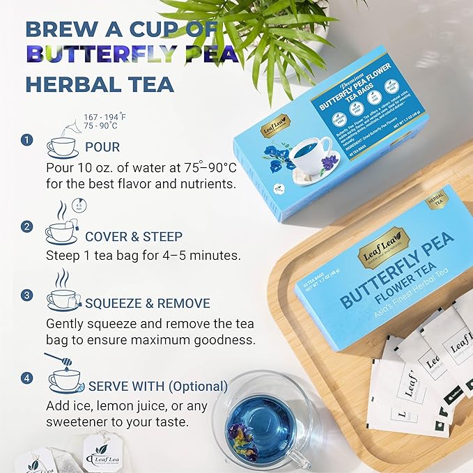 LeafLea 40 Butterfly Pea Flower Tea Bags, Herbal Flower Tea for Relaxation, Mocktails, and Natural Food Coloring, Caffeine-Free, Sugar-Free, Non-GMO