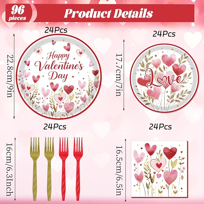 Rakuto Valentines Day Plates and Napkins Decorations, 96PCS Galentines Love Hearts Flower Party Tableware Decoration, Valentine's Day Sweet Love Dinner Forks Decor for Wedding Kitchen Dinner Supplies