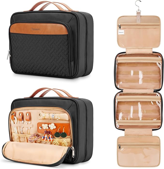 Travel Hanging Toiletry Bag for Women, with Jewelry Organizer Compartment, Medium Waterproof Hanging Makeup Accessories, Cosmetic Essentials, Toiletries Dopp Kit Set with Trolley Belt, Black