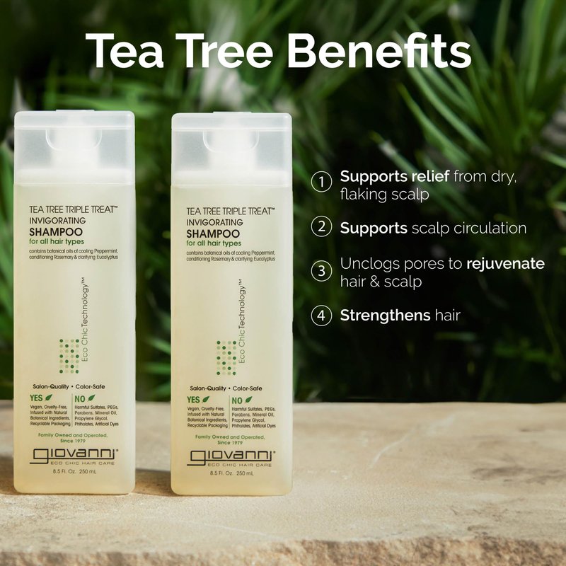 GIOVANNI Tea Tree Triple Treat Invigorating Shampoo - Cooling Peppermint, Eucalyptus & Rosemary, Strengthen & Rejuvenate Hair & Scalp, Salon Quality, Paraben Free, Tea Tree Shampoo - 24 oz (Pack of 2)
