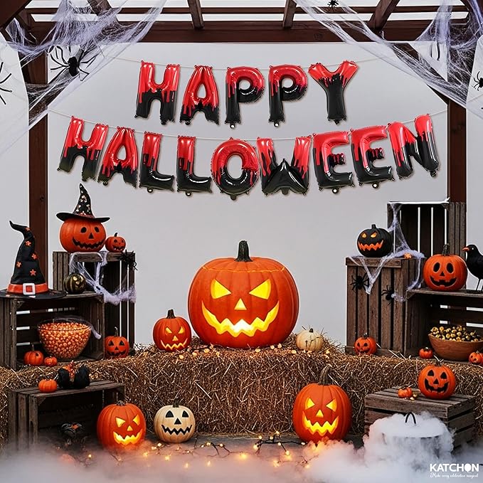 KatchOn, Happy Halloween Banner Balloons - 16 Inch | Red and BLack Foil Letters | Spooky Balloon Banner for Halloween Decorations indoor, Outdoor | Haunted House Decorations