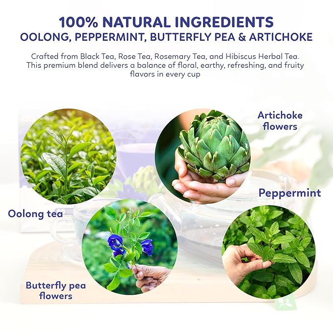 Indochine Blends Cooling Tea | Oolong, Artichoke, Butterfly Pea & Peppermint | Sugar-Free, Caffeine-Free Herbal Tea | Vibrant Blue | Herbal Tea for Relaxation | 4.4 oz | 50 Corn-Fiber Pyramid Bags