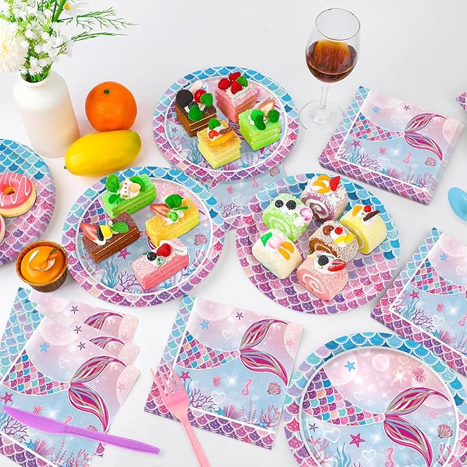 168PCS Mermaid Party Supplies for Birthday Watercolor Summer Party Decorations Plates Cups Napkins Tableware 24 Guests