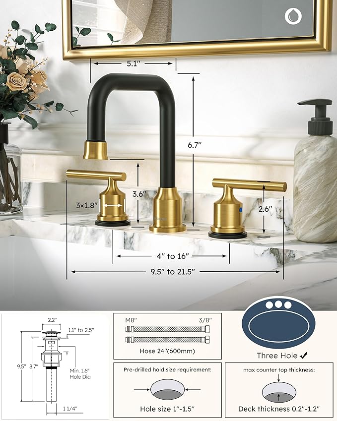 WOWOW Widespread Bathroom Faucet 3 Hole Bathroom Sink Faucet 2 Handle Vanity Faucet 8 Inch with Pop-Up Drain Black and Gold