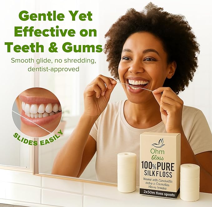 Ohm Earth’s Ohm Floss Refill – Natural Silk Dental Floss for Refillable Bamboo/Steel Holder, Candelilla Wax, 100% Compostable, Eco Oral Care, 109 yds/100m (2-Pack) Natural Mint