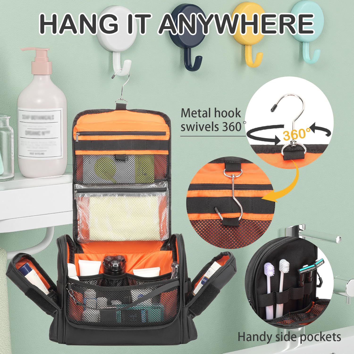 BISKLNDN Tactical Toiletry Bag for Men, Hanging Dropp Kit Mens Toiletry Travel Bag for Toiletries, Traveling & Shaving Kit, Hygiene Bag Shower Bathroom Organizer with Handle & Swivel Hook, Black