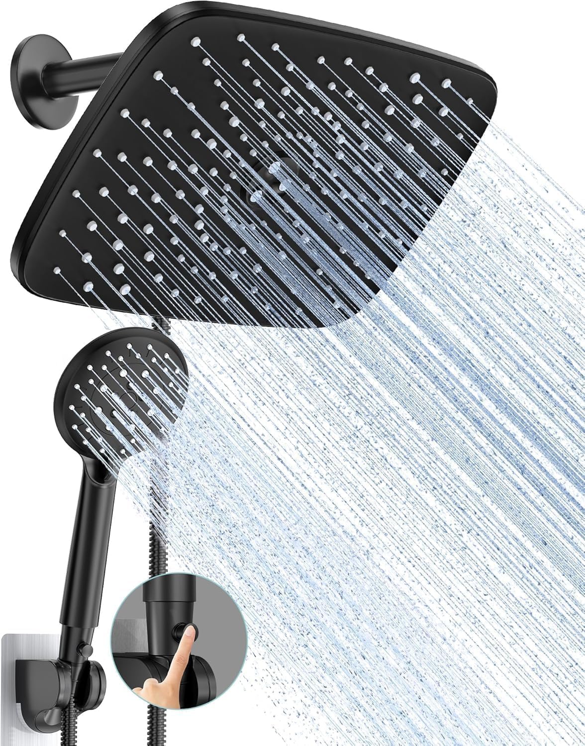 Veken 11.8 Inch Rain Shower Head with Handheld- High Pressure Dual Shower Heads with 5 Modes Hand held Spray Combo- Wide Rainfall Showerhead with Hose, Bathroom Accessories, Matte Black