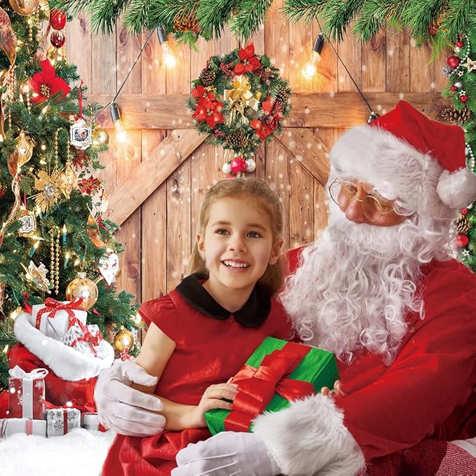 CYLYH 10x10FT Christmas Barn Wood Door Photography Backdrop Xmas Tree Snow Gift Wall Floor Party Photo Background for Holiday New Year Party Banner Family Holiday Party Supplies D554
