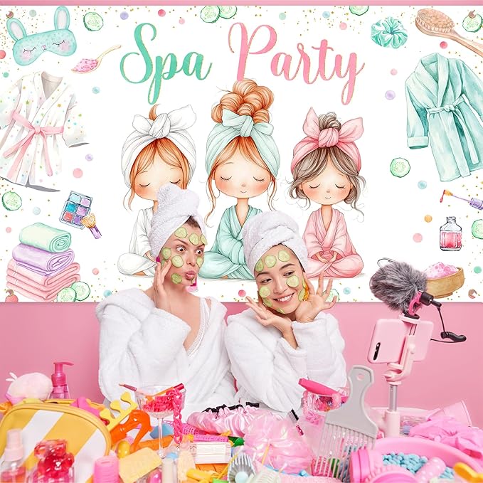 Avezano Spa Party Banner Spa Theme Birthday Party Decoration for Girls Women Spa Day Makeup Slumber Pajama Sleepover Birthday Party Decoration Banner (6x3.6ft)