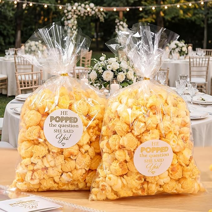 AIOMOB 50 Pack He Popped the Question Popcorn Bags Engagement Party Favors Decorations She Said Yes Sticker Clear Popcorn Favor Bags for Engagement Party Bridal Shower Wedding Supplies