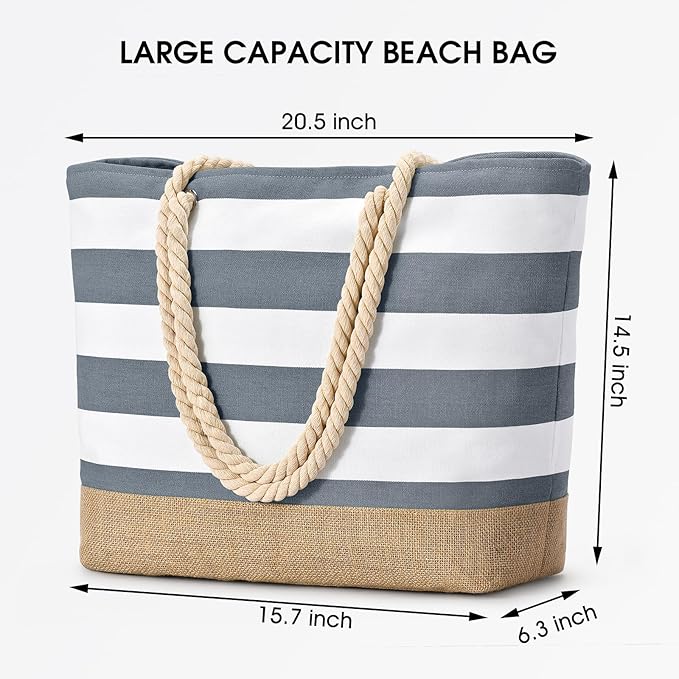 Becokan Beach Bags for Women Large Canvas Beach Tote Bag Beach Bags Waterproof Sandproof Swim Pool Bag Travel Essentials