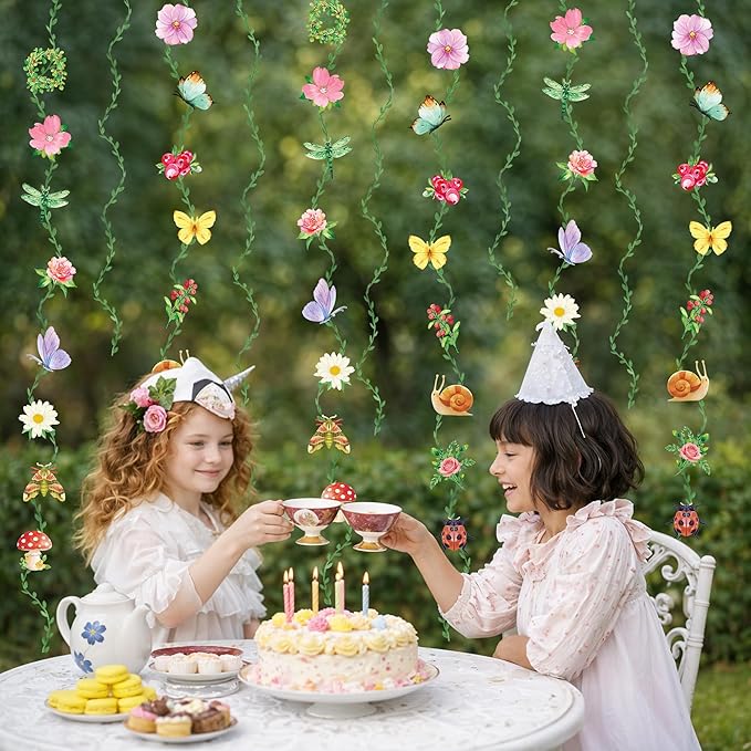 Garden Party Decorations Garland, Ready to Hang Wildflower Party Decorations with Double Sided Flowers Butterflies and Green Vines for Fairy Forest Baby Shower Birthday Tea Party