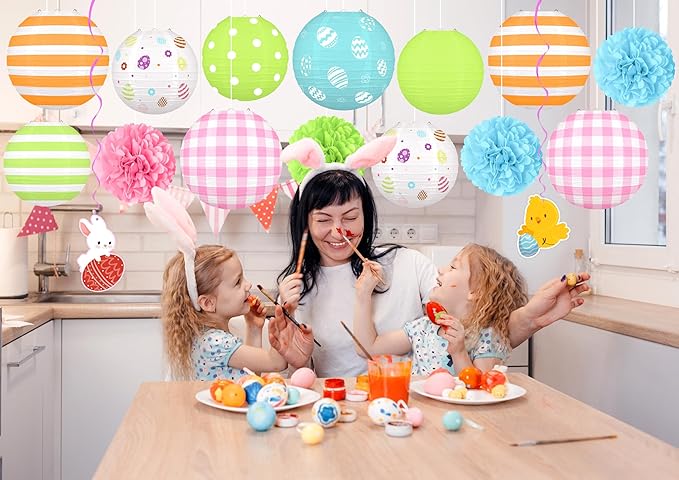 16pcs Easter Party Hanging Decorations – Pastel Paper Lanterns and Pom Poms Set for Classroom, Birthday Supplies, Egg Hunt, Indoor Home Spring Decor