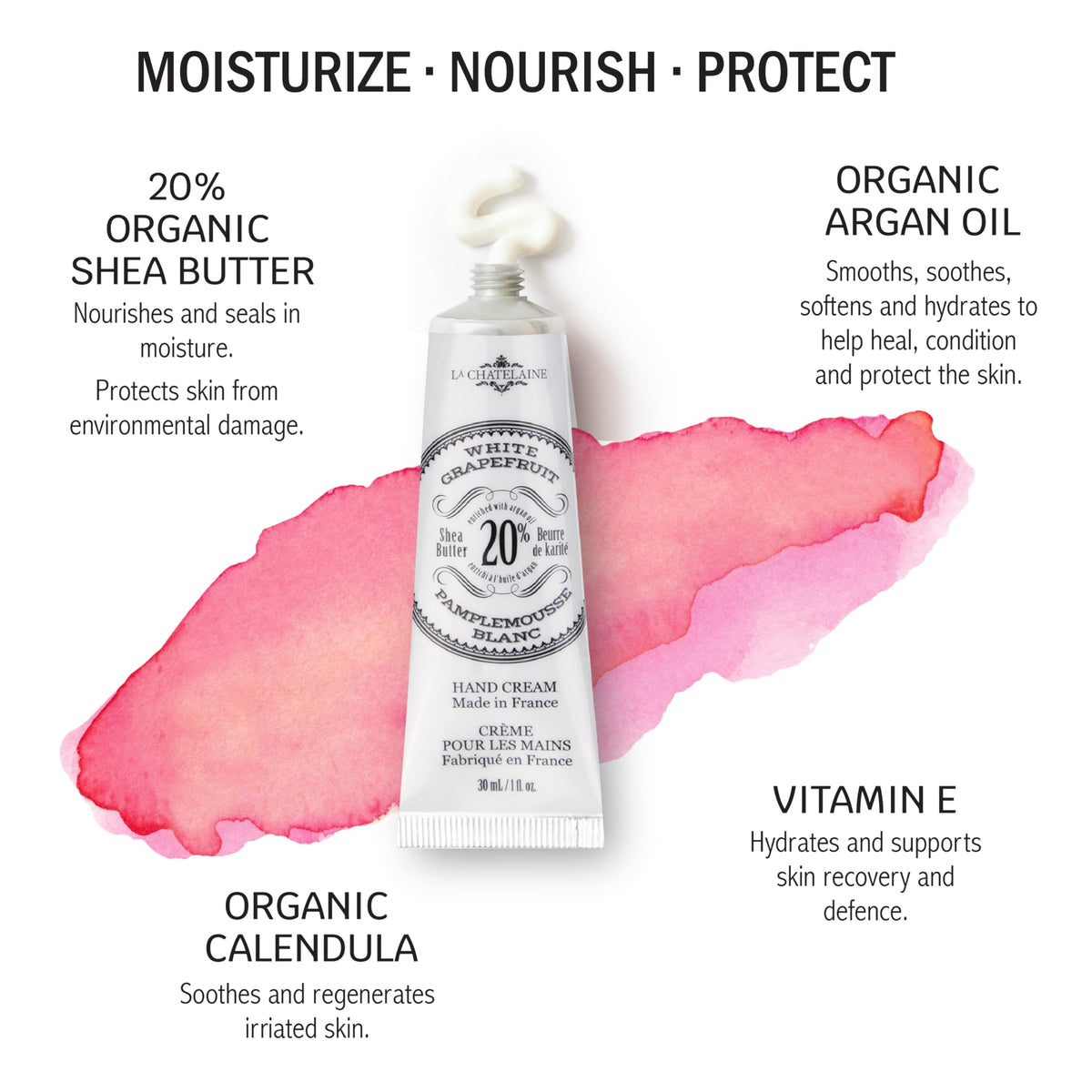 La Chatelaine 20% Shea Butter Hand Cream Travel Size, Organic Argan Oil, Moisturizing, Nourishing, Repairing, Extra-Rich Hand Lotion, Made in France, Paraben Free, 1 oz / 30ml (White Grapefruit)