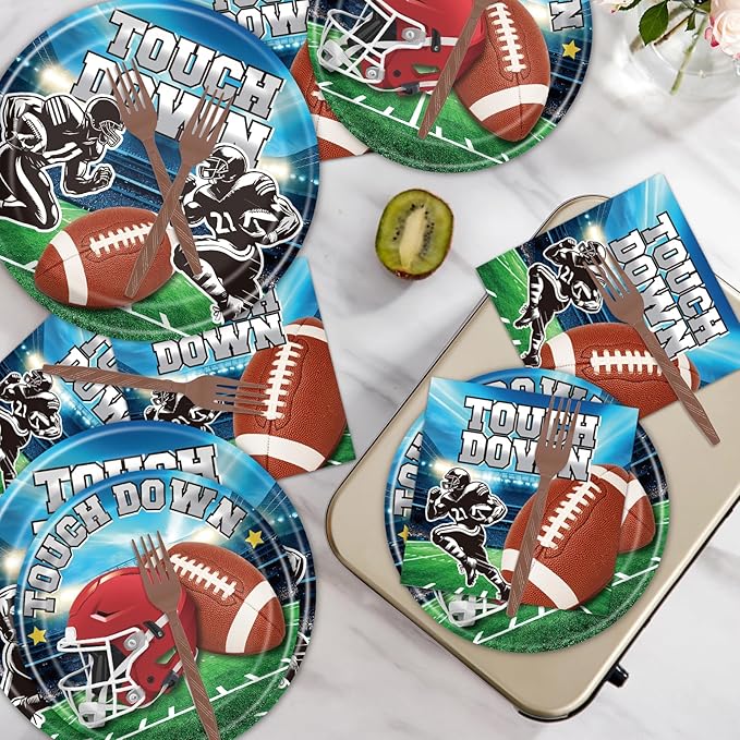 Rakuto Football Plates and Napkins Party Decorations, 96PCS Disposable Touch Down Paper Plates and Napkins Tableware Decoration, Ball Sports Themed Forks Decor for Birthday Team Serve 24