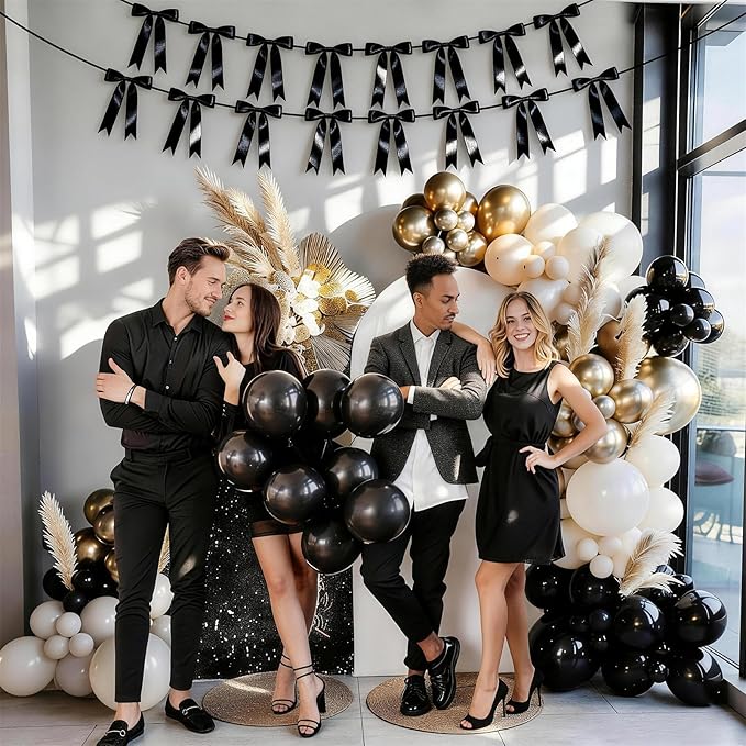 2 Strings Black Bow Garland Banner Decorations, 16Pcs Pre-Strung Satin Ribbon with 6.7ft Chain for Women Ribbon Bow Banner Coquette Room 30th Birthday Bridal Shower Wedding Bachelorette Party Decor