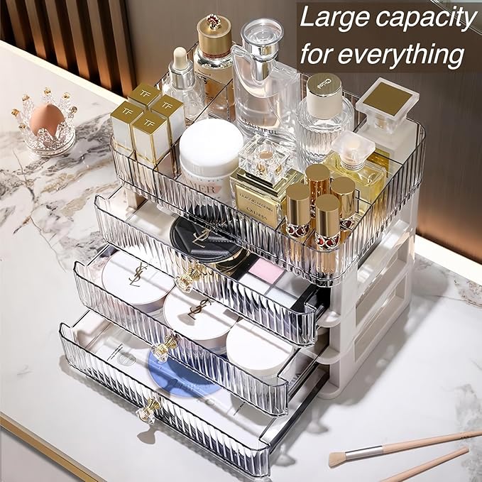 Simbuy Clear Makeup Organizer with 3 Drawers, Bathroom Organizer and Storage, Ideal for Desk and Dresser Vanity Countertop, Great for Cosmetics, Skincare, Perfume,Toiletry