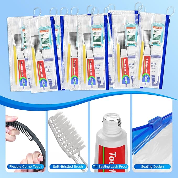 Xuezoioy Personal Hygiene Kit Bulk Pack of 50,Yellow Basic Travel Toiletry Set Disposable Toothbrushes with Toothpaste Mouthwash Floss Comb Cover and Zip Bag for Homeless,Charity,Guests