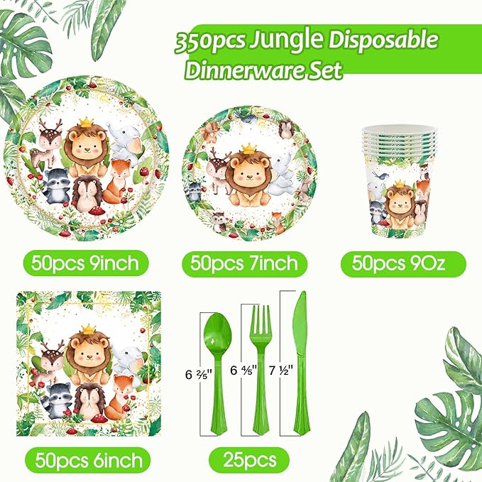 Jungle Animals Party Decorations - 350 Pcs Safari Animal Baby Shower Plates and Napkins, Wild Animals Theme Disposable Tableware Set for Baby Shower Zoo Birthday Party Supplies Favors, Serves 50