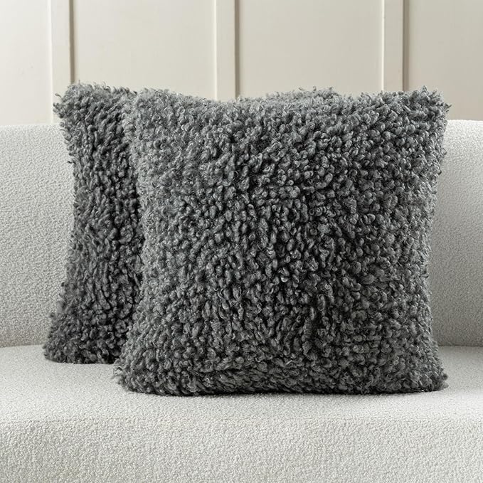 FUTEI Dark Grey Decorative Throw Pillow Covers 20x20 Inch Set of 2,Soft Fluffy Faux Wool Fur Boucle Textured Cushion Case,Modern Home Decor for Couch Bed Living Room Office