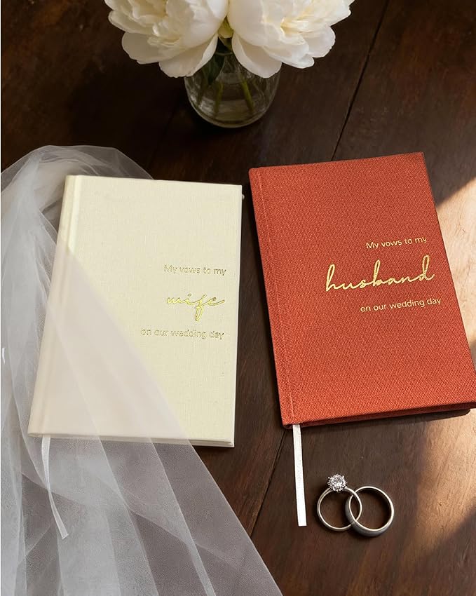 Wedding Vow Books His and Hers-Canvas Linen Foil Embossed, Set of 2 Vow Books Husband and Wife-Wedding Essentials（Terracotta + Milk White）