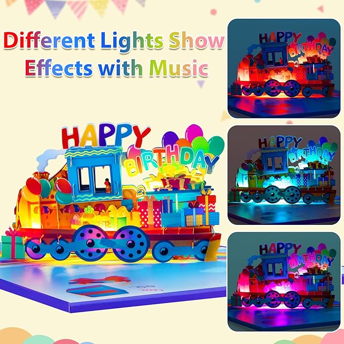 GREETING ART Musical Train Birthday Card, 3D Pop Up Birthday Cards, Light & Music Happy Birthday Card for Kids, Women, Man, Mom, Wife, Husband, Boy, Girl
