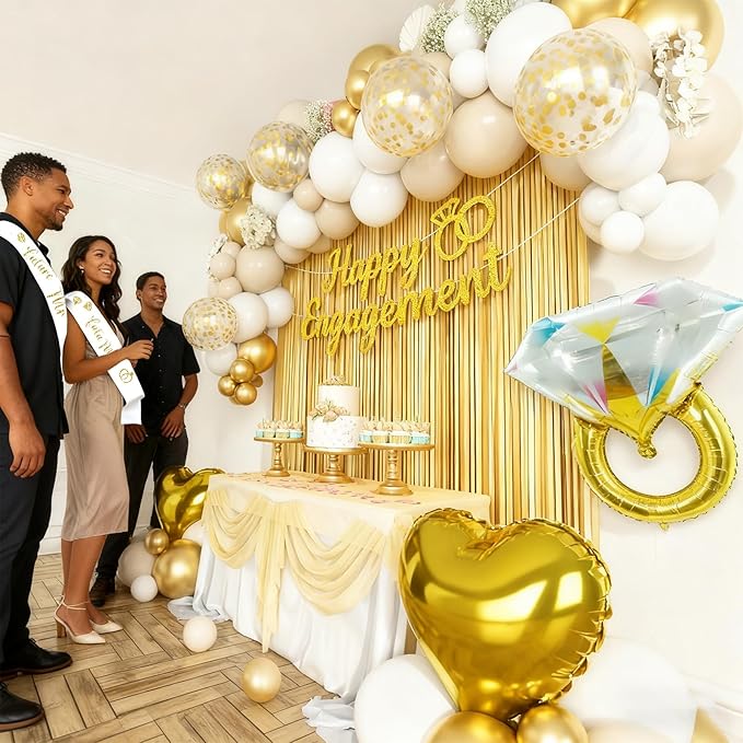 Gold Engagement Party Decorations, Just Engaged Decorations for Wedding Party, Bachelorette & Home Party, with Happy Engagement Banner, Foil Balloons, Sash, Fringe Curtain