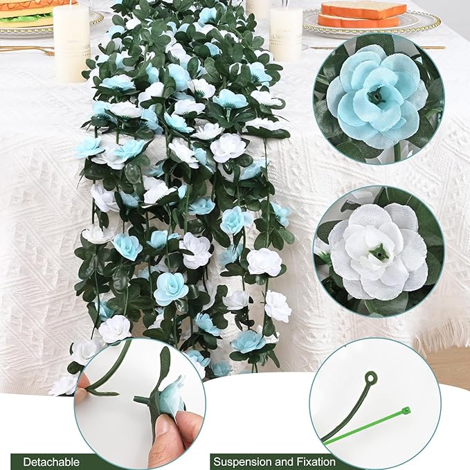 MARTINE MALL Flower Garland - 5 Strands 41Ft Rose Vines for Bedroom Decor, Blue and White Rose Floral Garland for Room Birthday Wedding Party Garden Wall Decor