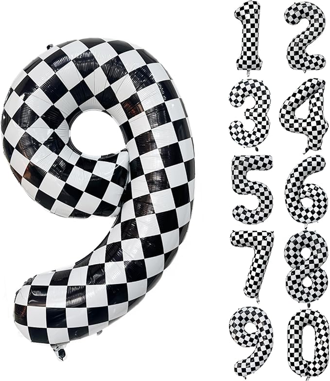 40 Inch Checkered Number Balloon 9 Black and White Number 9 Balloon Foil Helium Balloons for Birthday Party Decoration Girls Boys Baby Shower Anniversary Decoration Race Car Party Decoration