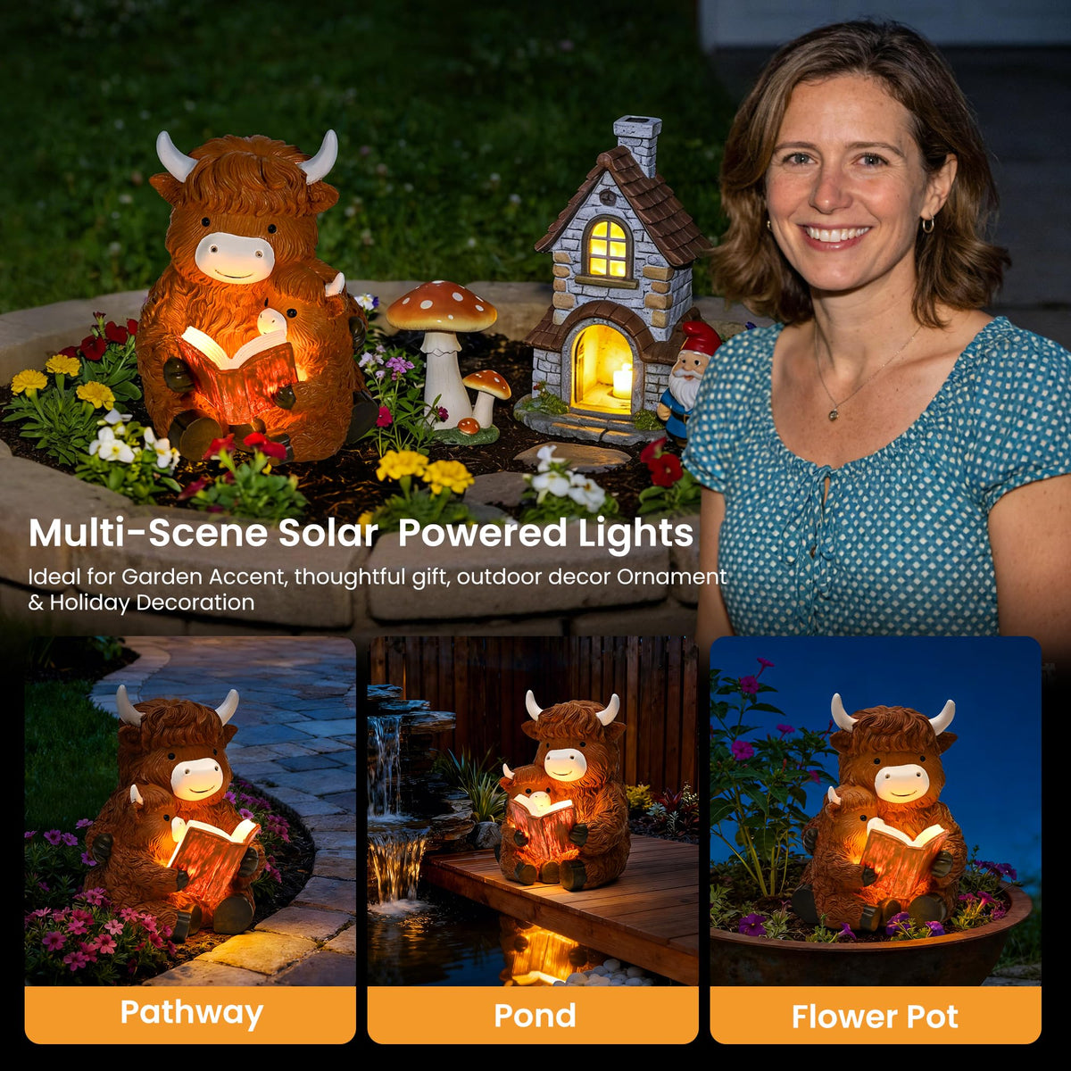 GIGALUMI Solar Highland Cow Decor Garden Statue, Cow Outdoor Ornament