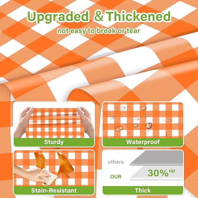 Mulbozy Orange Gingham Tablecloth 2 Pack, 54 x 108 Inch Plastic Table Cloth Disposable, Orange and White Checkered Table Cover for Party Supplies