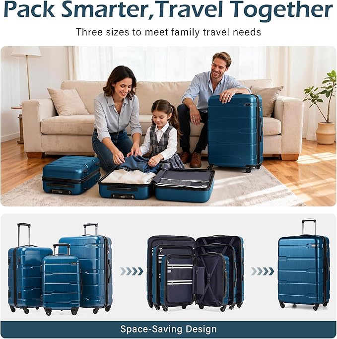 Coolife Luggage Set 3 Piece Hardside PC+ABS Suitcase with TSA Lock, Expandable Large Checked Luggage, Lightweight Rolling Carry On with Spinner Wheels(20/24/28 Inch, Caribbean Blue)