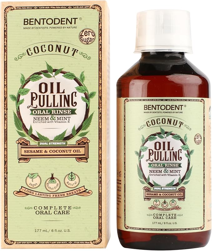 Bentodent Coconut Oil Pulling, Powerful Neem & Mint, Dual Strength of Sesame & Coconut Oil, Oil Pulling rinse for teeth & gums, Zero Sugar & No Alcohol mouthwash for Fresh Breath & Whitening,6 fl. oz.