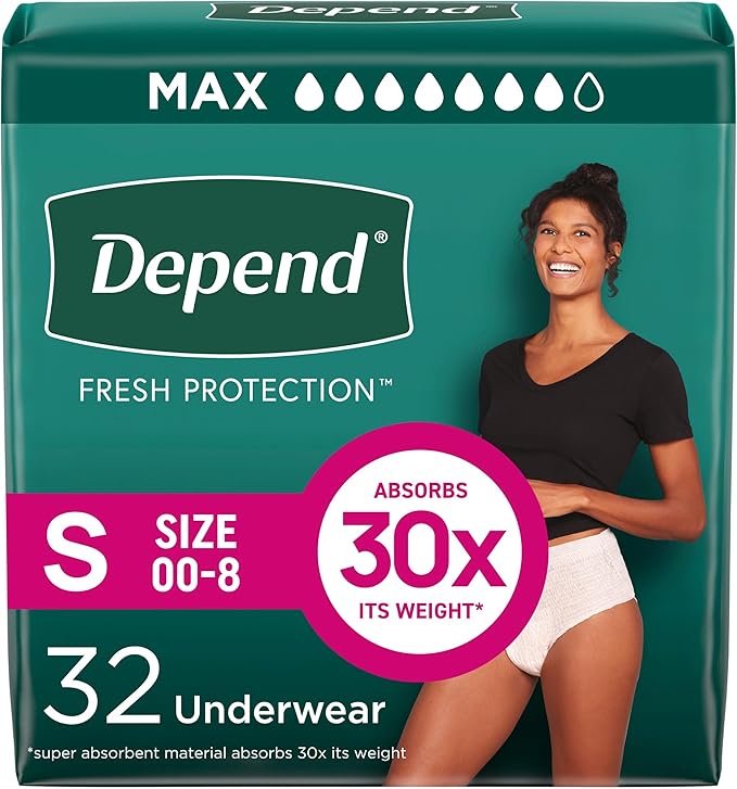 Depend Fresh Protection Adult Diapers, Incontinence & Postpartum Bladder Leak Underwear for Women, Disposable, Maximum, Small, Blush, 32 Count, Packaging May Vary