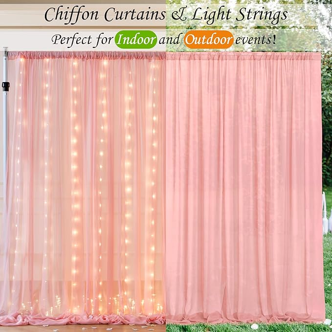 10ft x 7ft Baby Pink Chiffon Backdrop Curtain with Lights String for Parites Wedding Wrinkle Free Curtain Photo Backdrops Drapes for Baby Shower Birthday Party Home Decorations