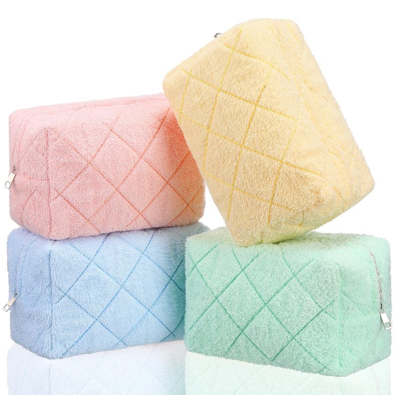 LEIFIDE 4 Pcs Quilted Makeup Bag Pouch Cute Plush Fuzzy Checkered Cosmetic Bag Cotton Terry Cloth Toiletry Pouch with Zipper Portable Travel Organizer Preppy Brush Storage for Christmas Women Gift