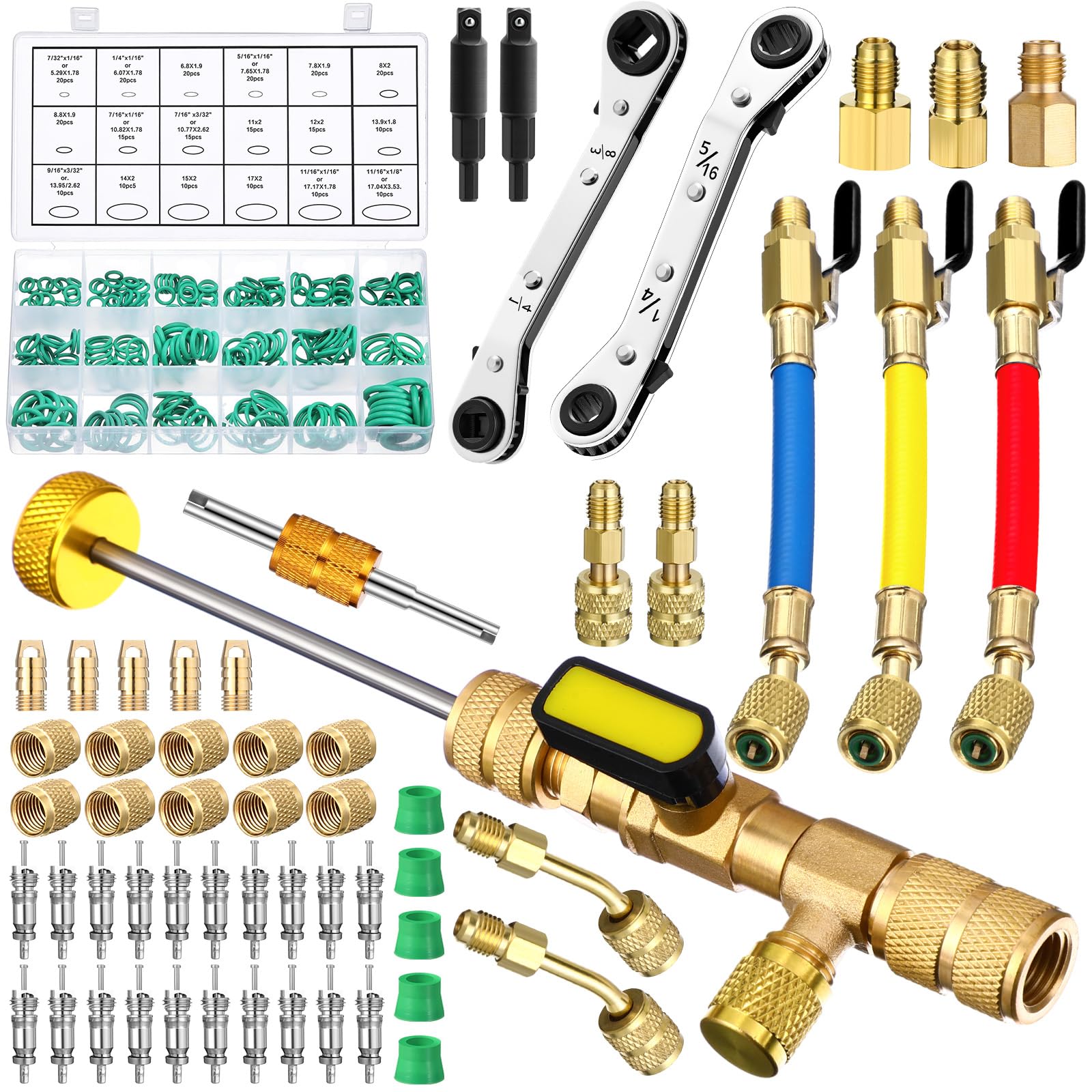 Tujoe 47 Pcs Charging Hoses with Ball Valve and R410a Split Adapter Kit, R134a R410a R22 R12 Hoses, Valve Core Remover Installer