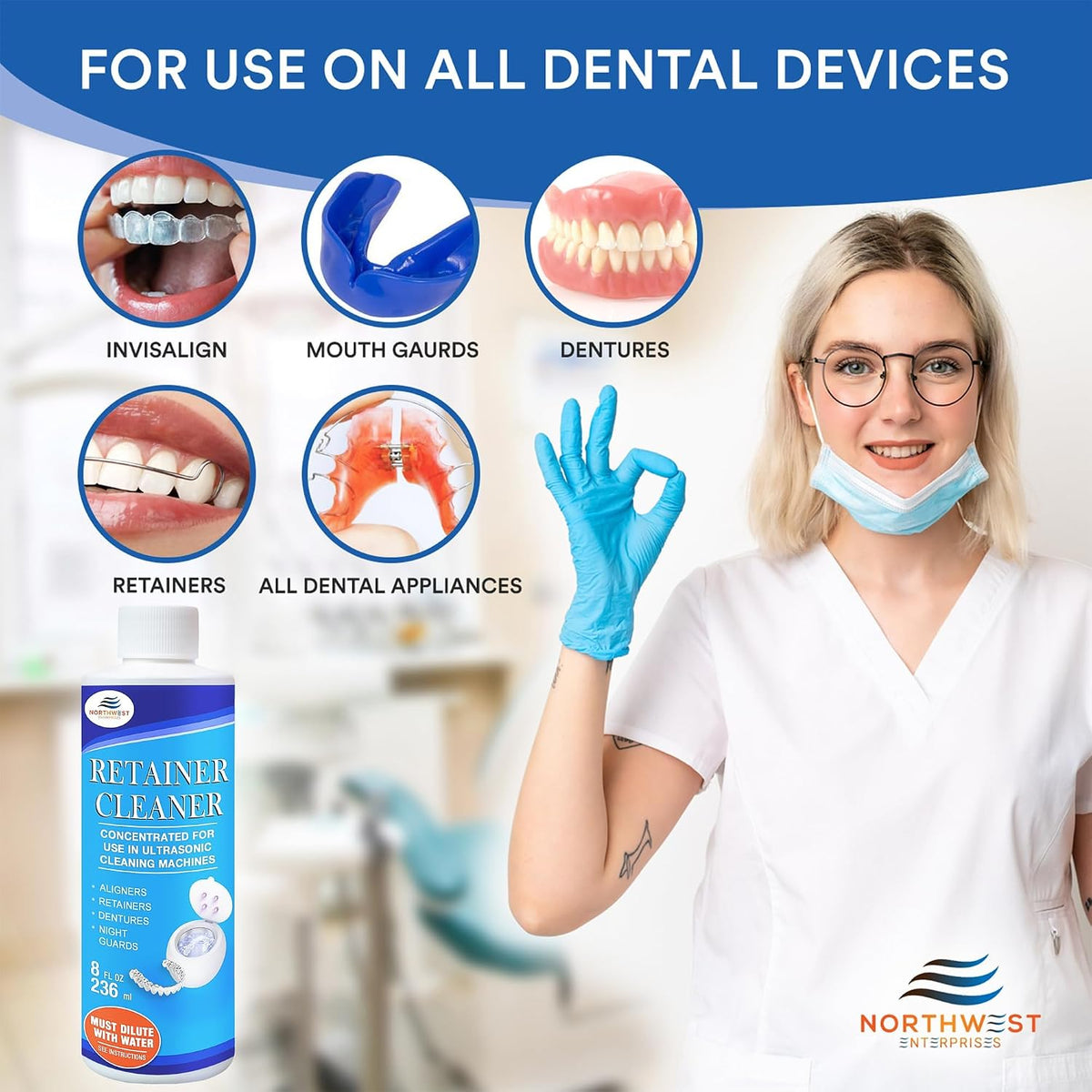 Northwest Enterprises Ultrasonic Retainer Cleaner Solution – Multi-Enzymatic, Odor & Stain Removal, For Invisalign, Nightguards & Mouthguards, Made in Canada, 8oz,16oz,32oz