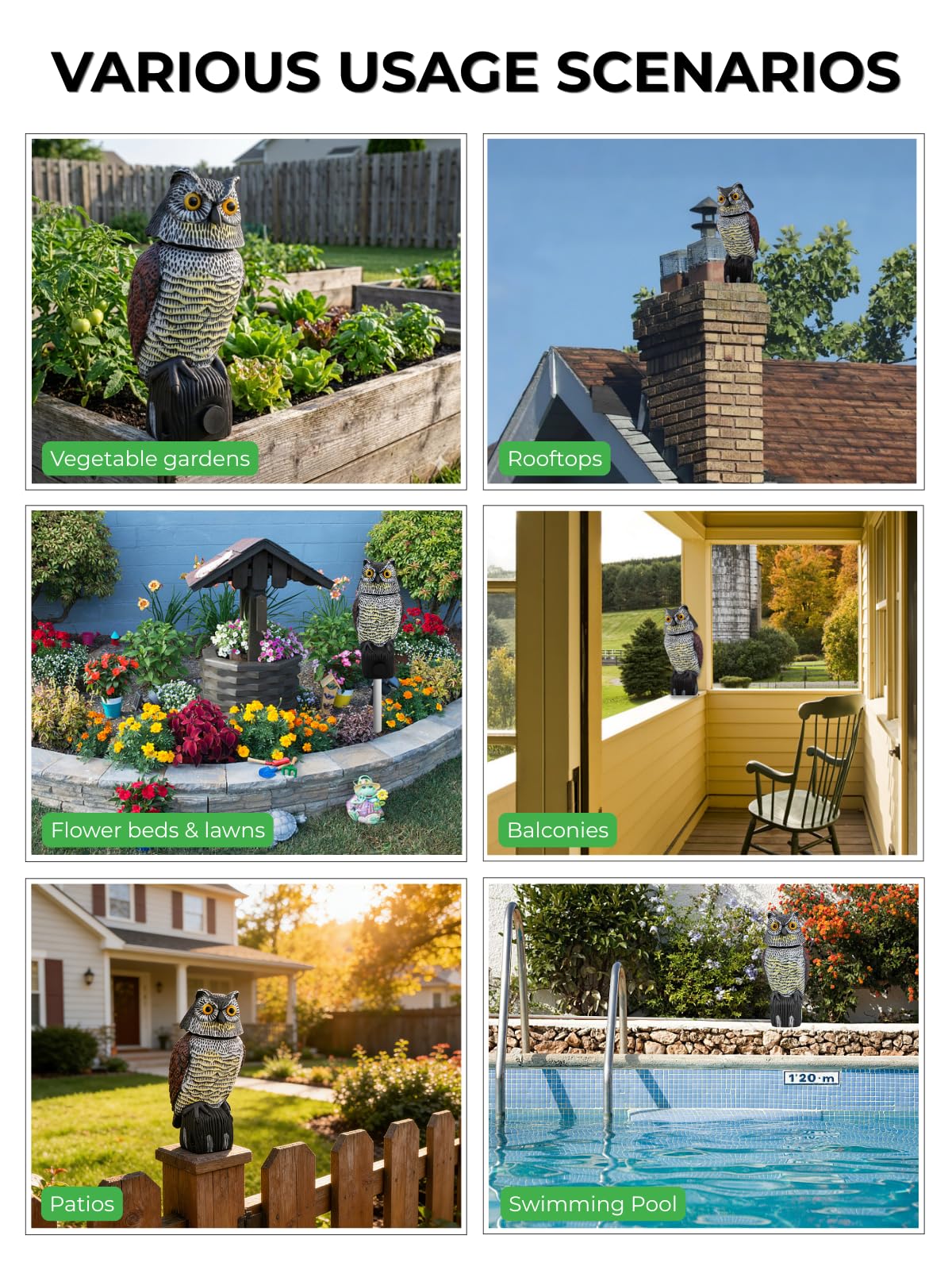 Garden Fake Owl Sculpture with 360° Rotating Head, Waterproof Garden Owl