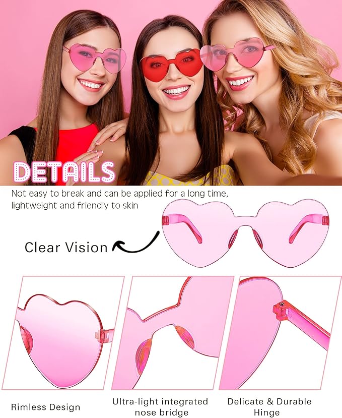Photect 12 Pair Heart Shaped Sunglasses Neon Color Transparent Heart Glasses for Women Party Favor