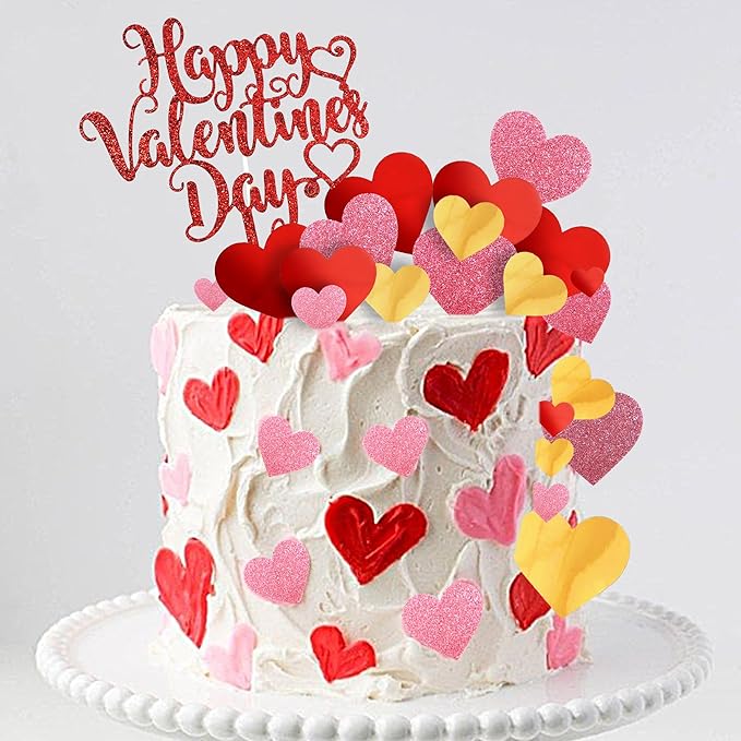 DRWATE 33pcs Happy Valentine's Day Cake Toppers with Red Heart Decorations for Valentine's Day Party Supplies (Red)