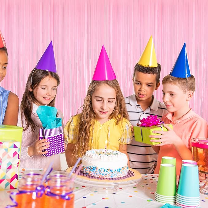 2Pack Pink Foil Curtain Pastel Pink Backdrop Streamers, Door Streamers Photo Booth Backdrop for Birthday Wedding Party, Metallic Tinsel Foil Fringe Curtains for Bachelorette Xmas Party Decorations
