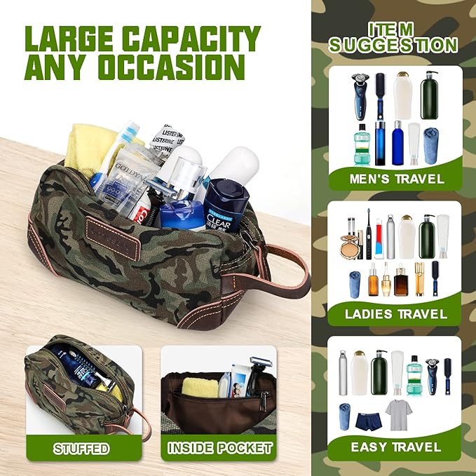 Emissary Leather & Canvas Dopp Kit - Men's Shaving & Toiletry Travel Bag, Small, Camo-Green