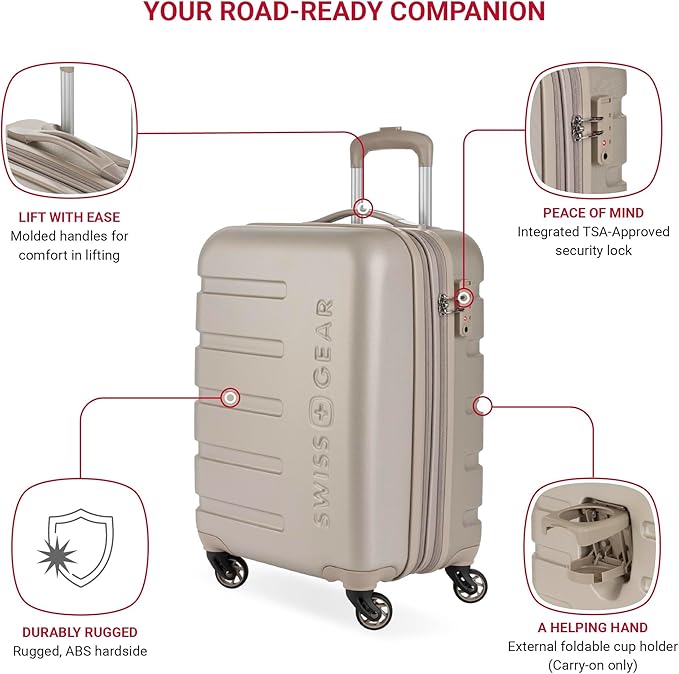 SwissGear 7366 Signature Hardside Expandable Luggage with Spinner Wheels, TSA Lock, Cup-Holder, Sand, Carry-On 19-Inch