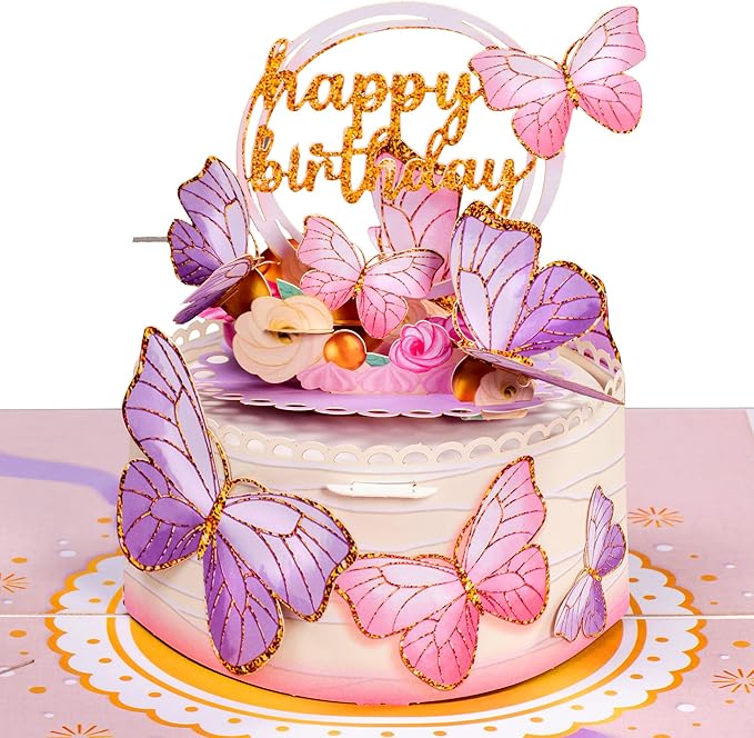 Paper Love Butterfly Birthday Cake, 3D Pop Up Birthday Card, For Adults or Kids - 5"x7" Cover - Includes Envelope and Note Tag
