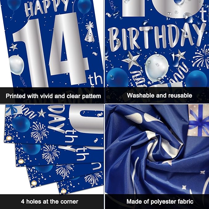 14th Birthday Decorations for Boys Girls, Blue Silver Happy 14th Birthday Party Decorations Supplies - Happy 14 Birthday Backdrop Banner Tablecloth Triangle Flag Balloons for 14 Year Old Bday Party